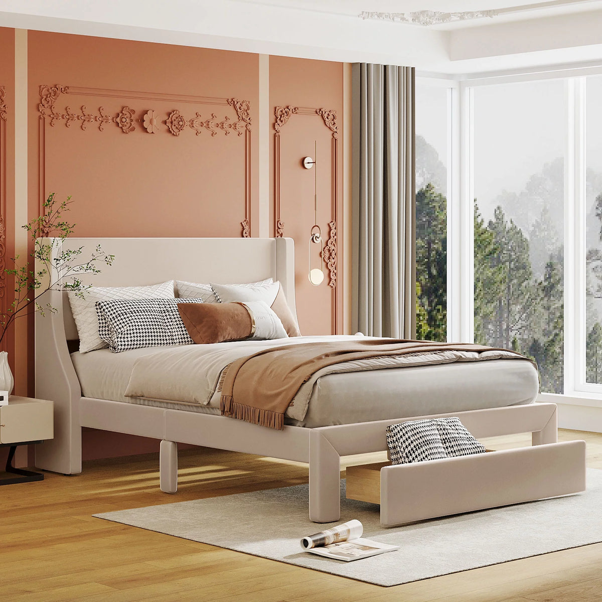 Beige Velvet Full Size Bed Frame with Storage Drawer R3638