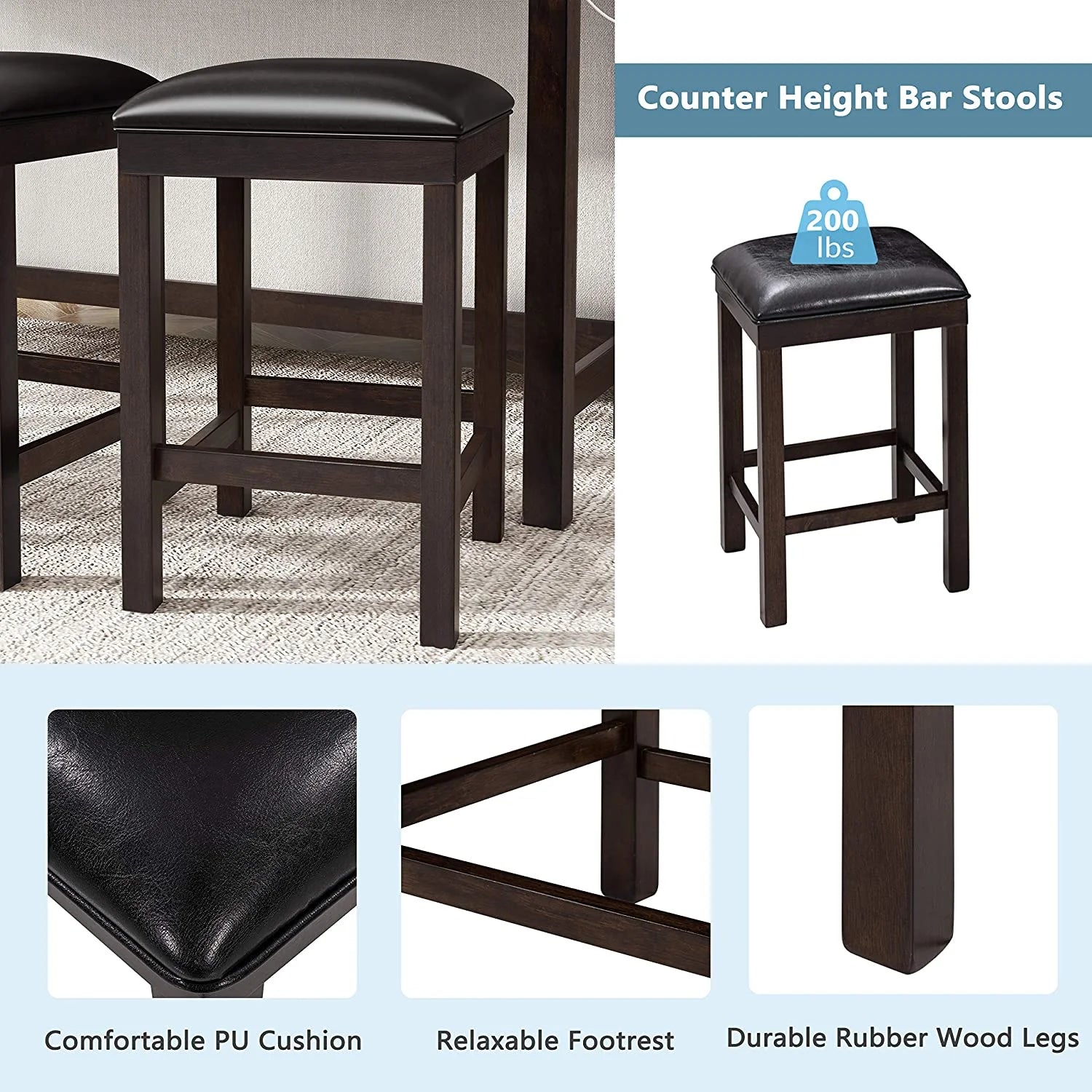 4-Piece Counter Height Dining Table Set with 3 PU Leather Padded Stools Espresso B54260