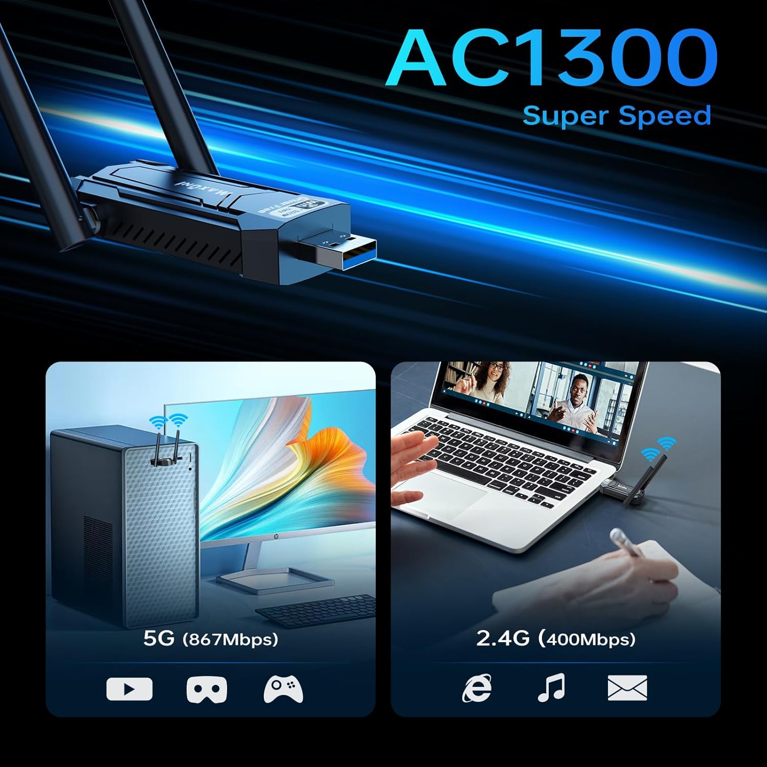 AC1300Mbps Dual Band USB 3.0 WiFi Adapter with 2.4GHz/5GHz and Dual 5dBi Antennas W358