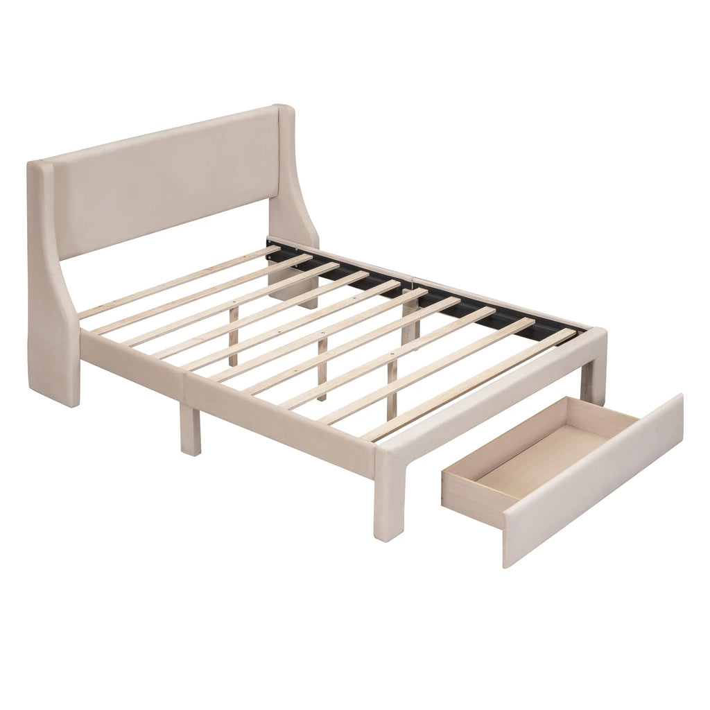 Beige Velvet Full Size Bed Frame with Storage Drawer R3638