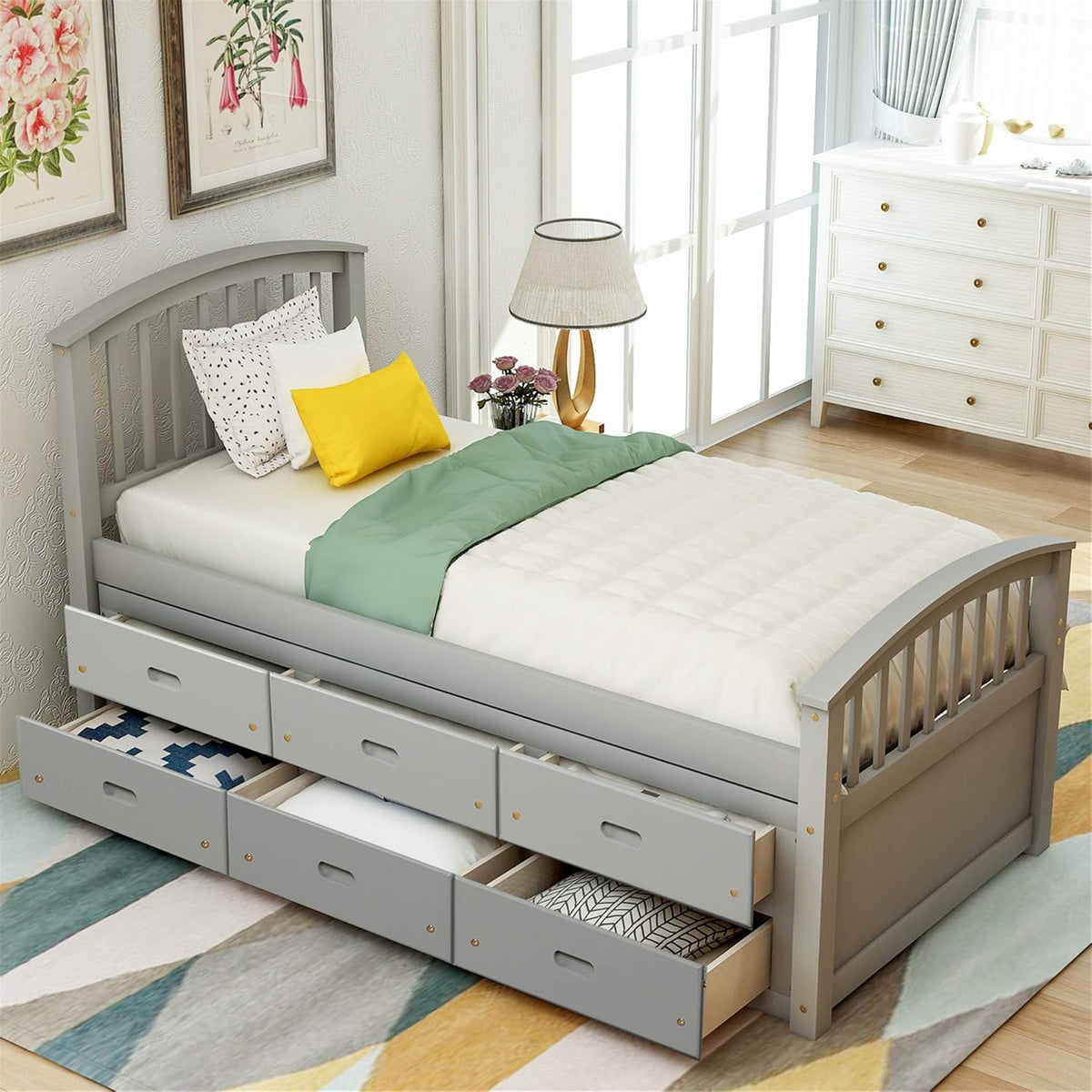 Twin Size Solid Wood Platform Storage Bed with 6 Drawers R12869