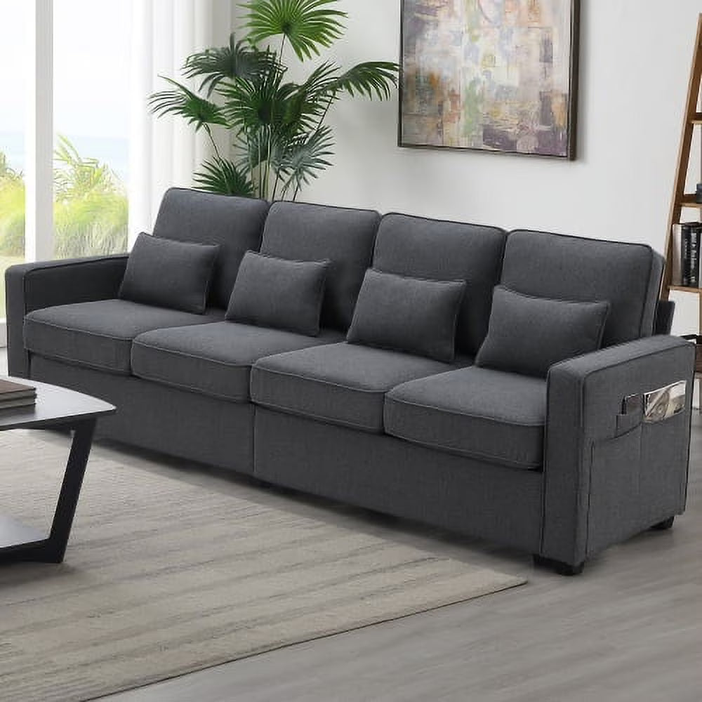 104" 4-Seater Linen Fabric Sofa with Armrest Pockets and 4 Pillows M493
