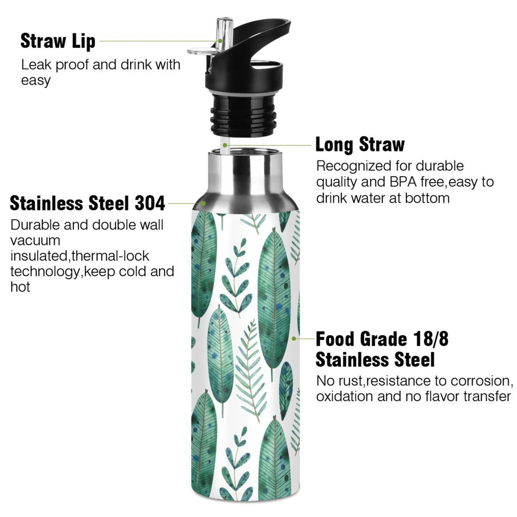 Green Leaves Stainless Steel Water Bottle with Straw Lid Flask, 20 oz U946579
