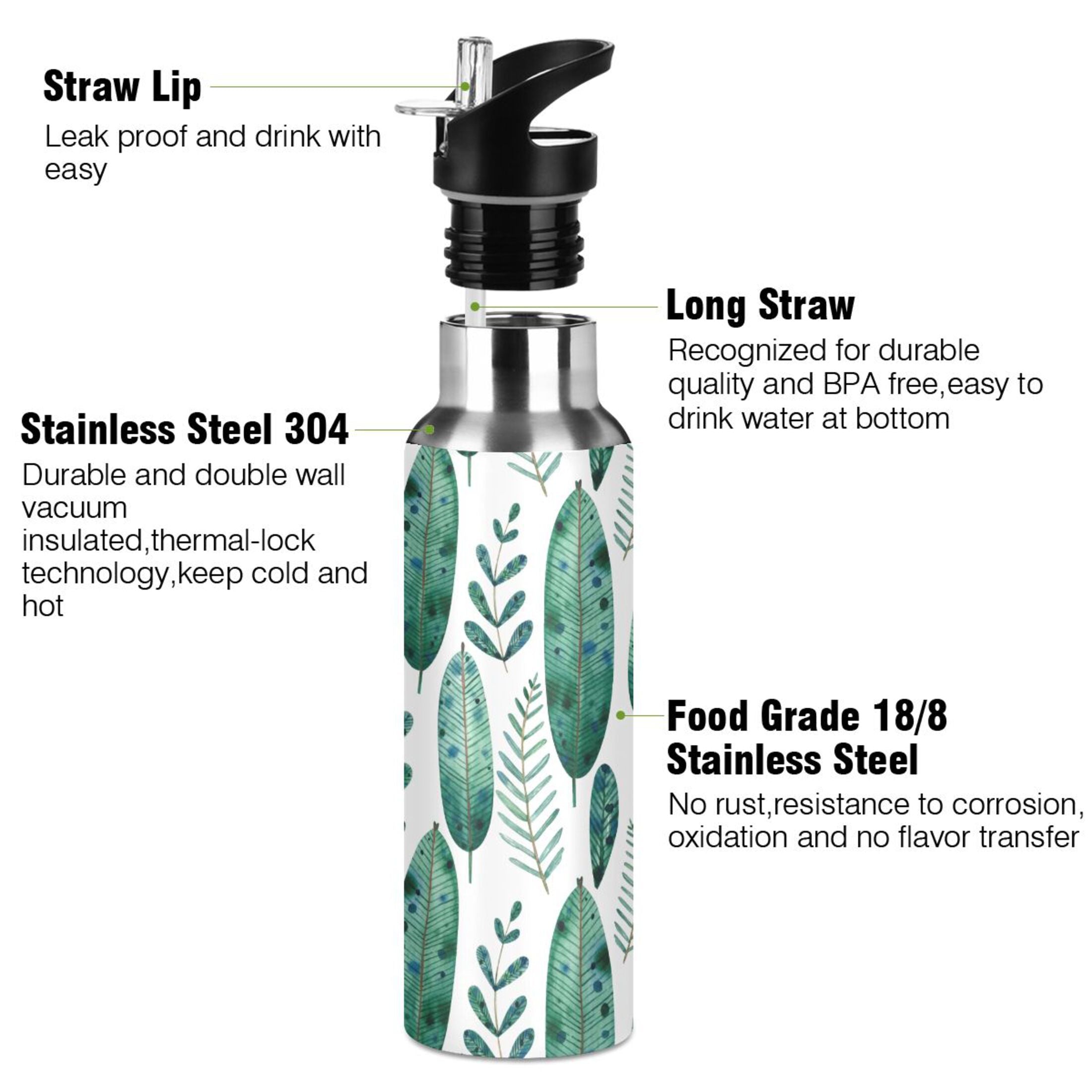 Green Leaves Stainless Steel Water Bottle with Straw Lid Flask, 20 oz U946579