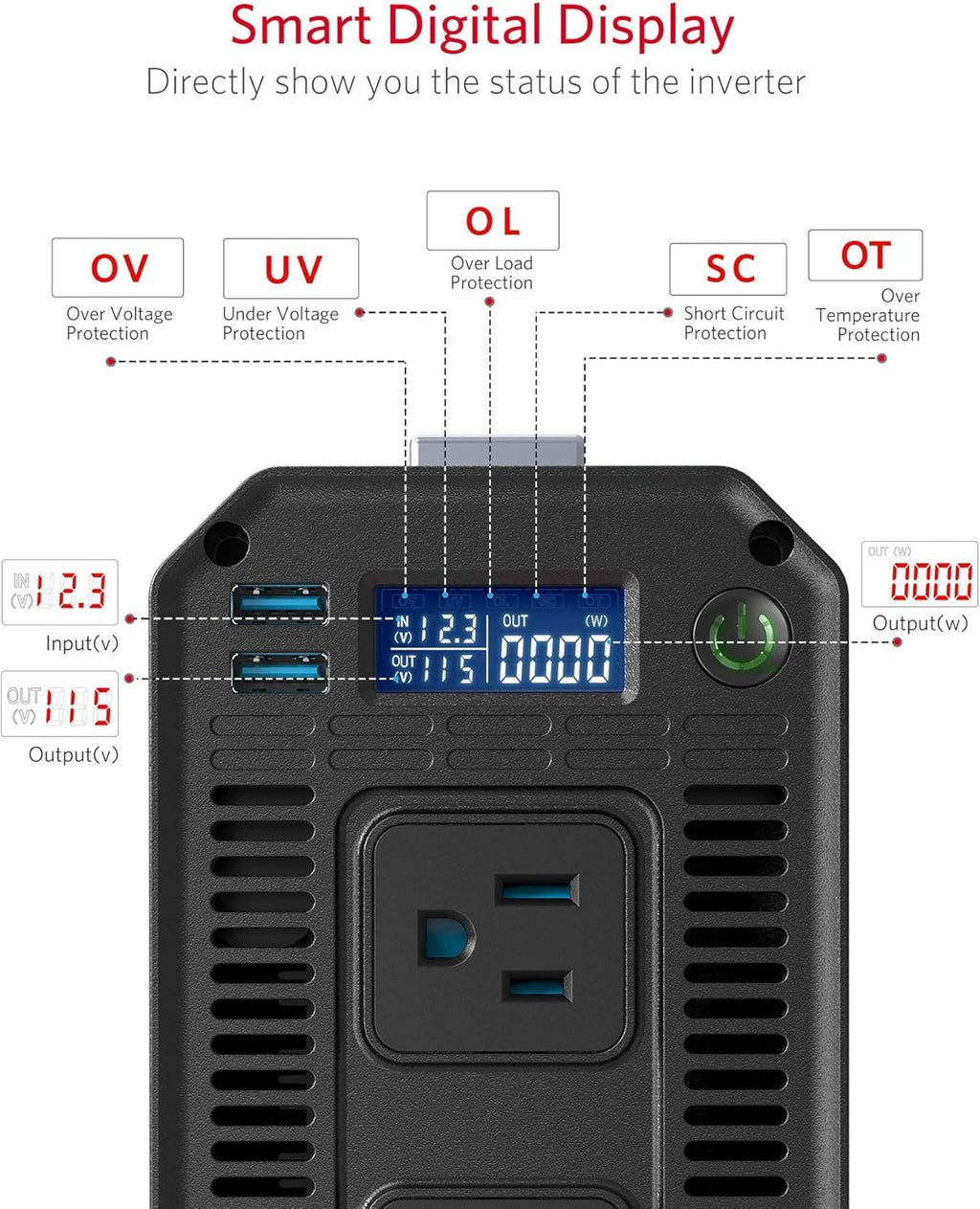 1200W Power Inverter with Digital LCD Display Dual USB Car Charger T7351