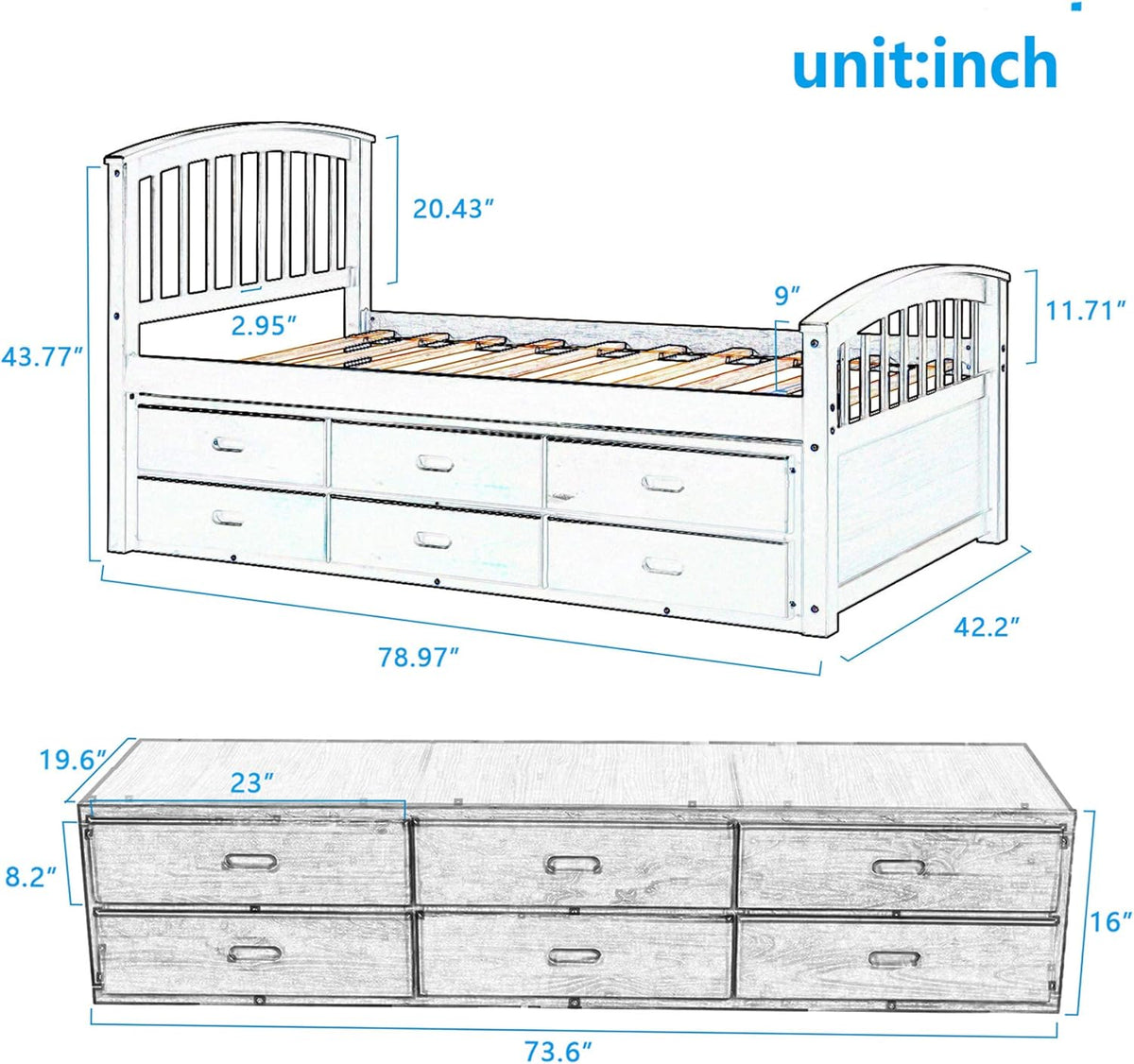 Twin Size Solid Wood Platform Storage Bed with 6 Drawers R12869