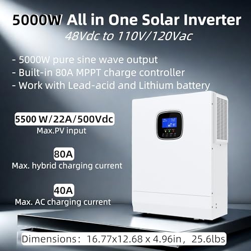 5000W 48V to 120V Pure Sine Wave Power Inverter 5kW Built-in 80A MPPT Charger D942