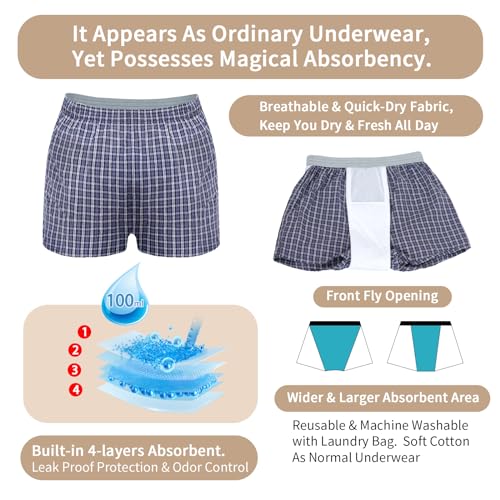 2 Pack Reusable Leak Proof Boxer Briefs with Front Fly, L W3332