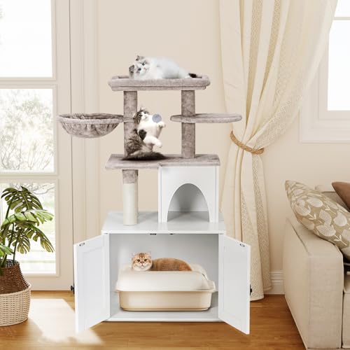 White Wooden Cat Litter Box Enclosure with Cat Tree Tower and Condo I716854