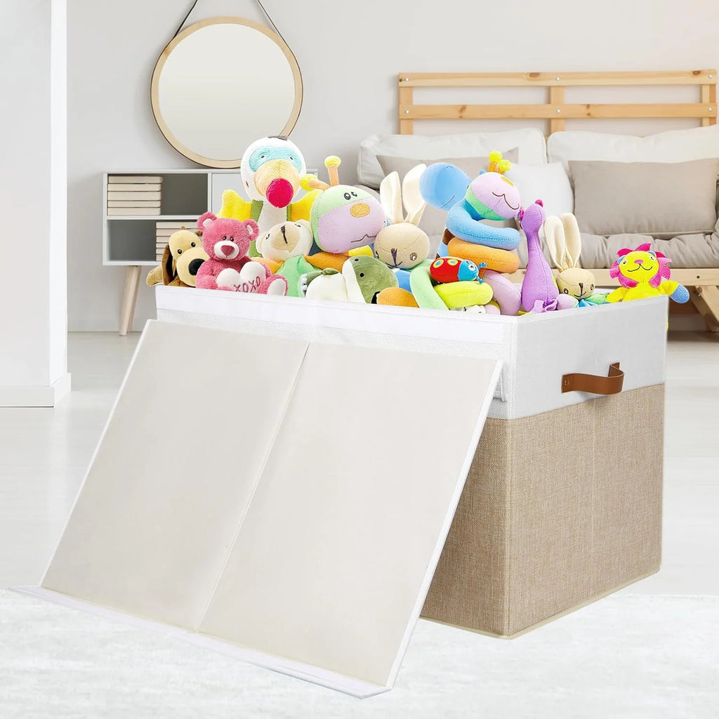 Extra Large Toy Storage Box with Lid, Beige and White U345