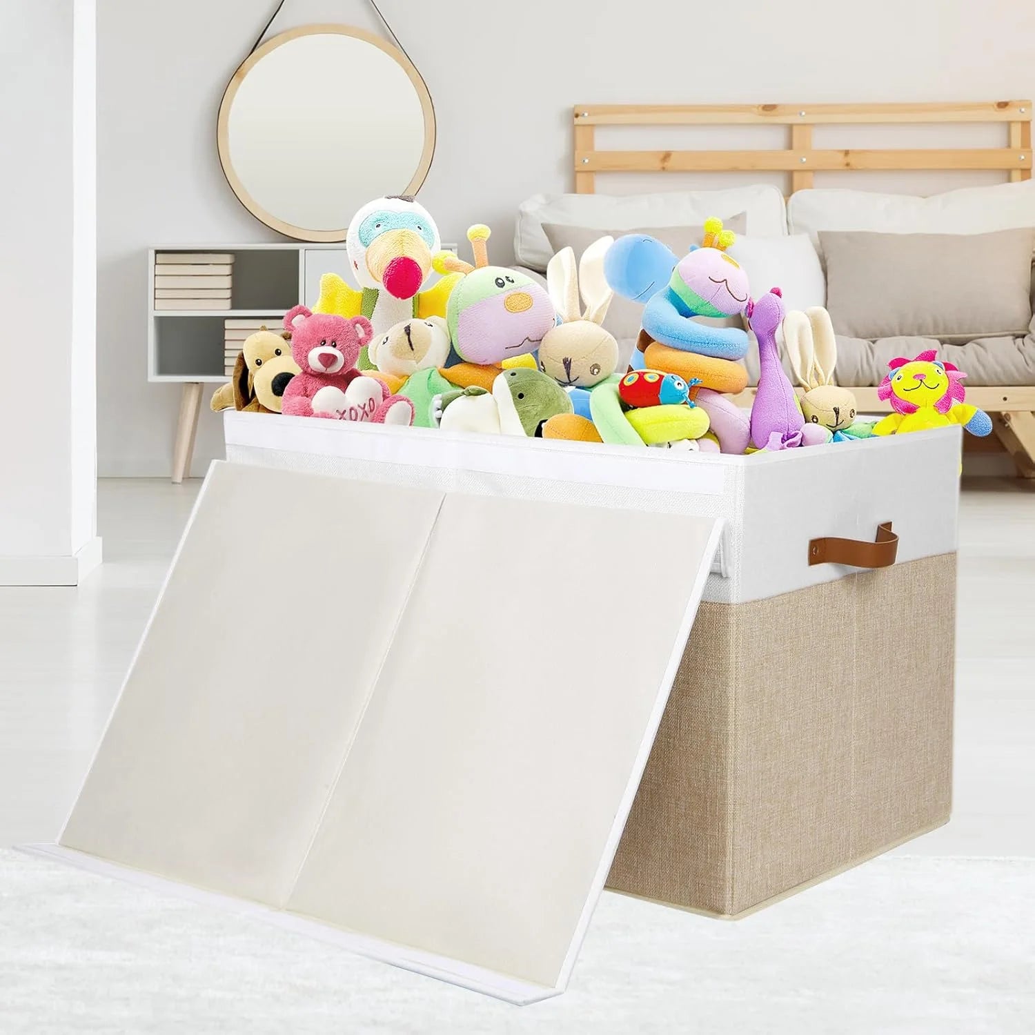 Extra Large Toy Storage Box with Lid, Beige and White U345