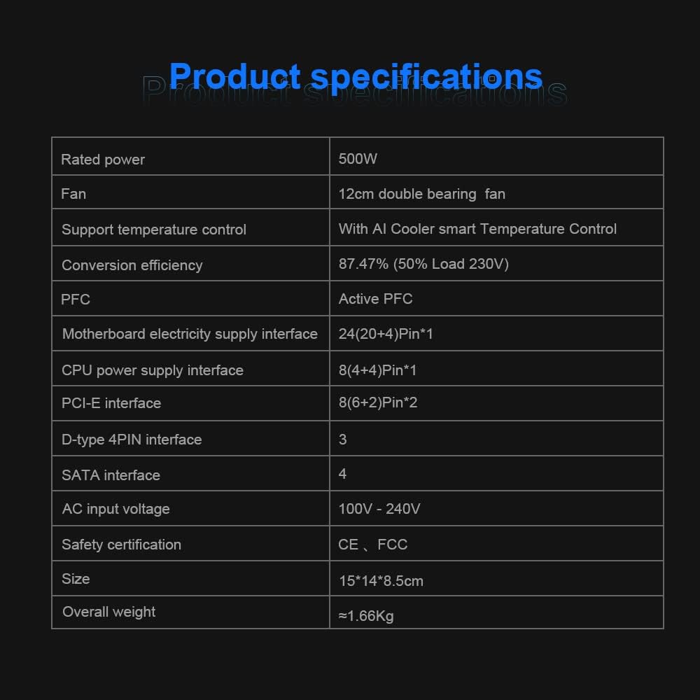 500W 80 Plus Gold Non-Modular Active PC Power Supply with 120mm Fan V36424
