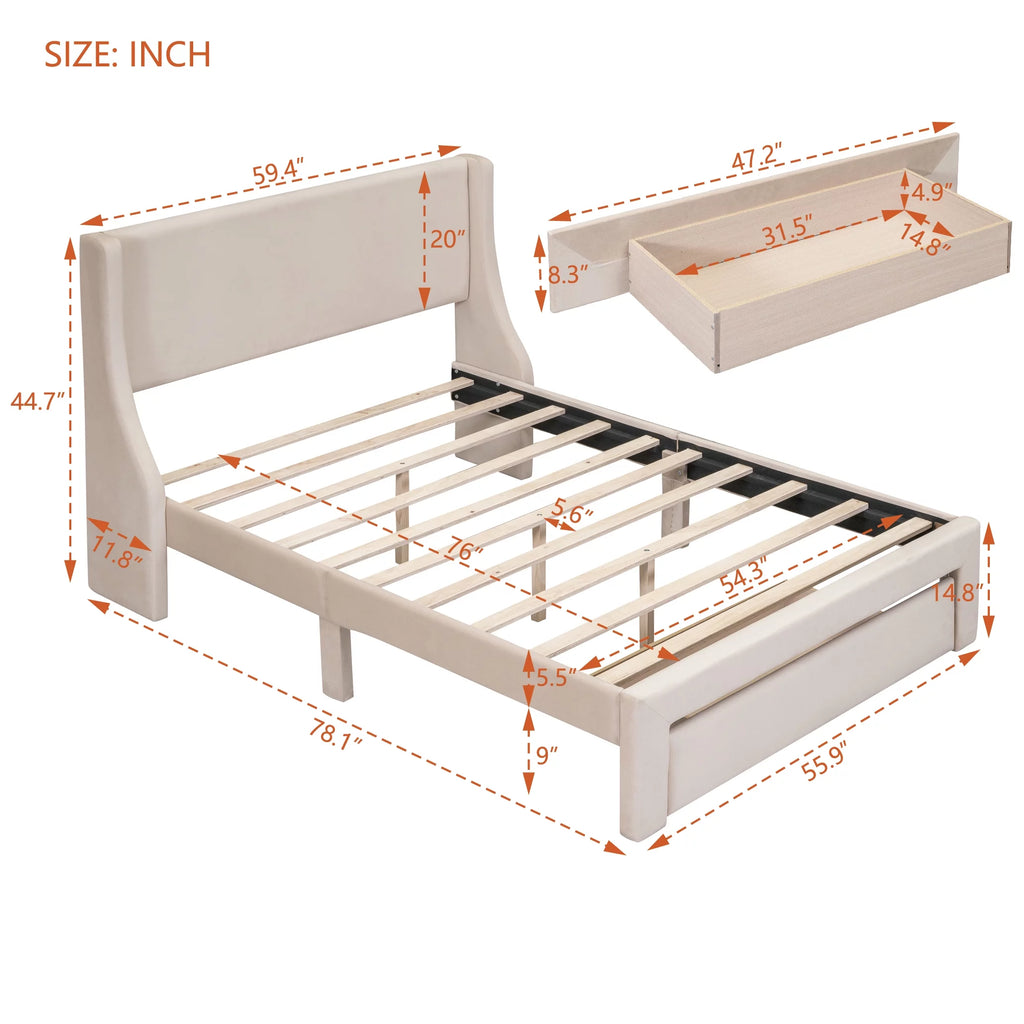 Beige Velvet Full Size Bed Frame with Storage Drawer R3638