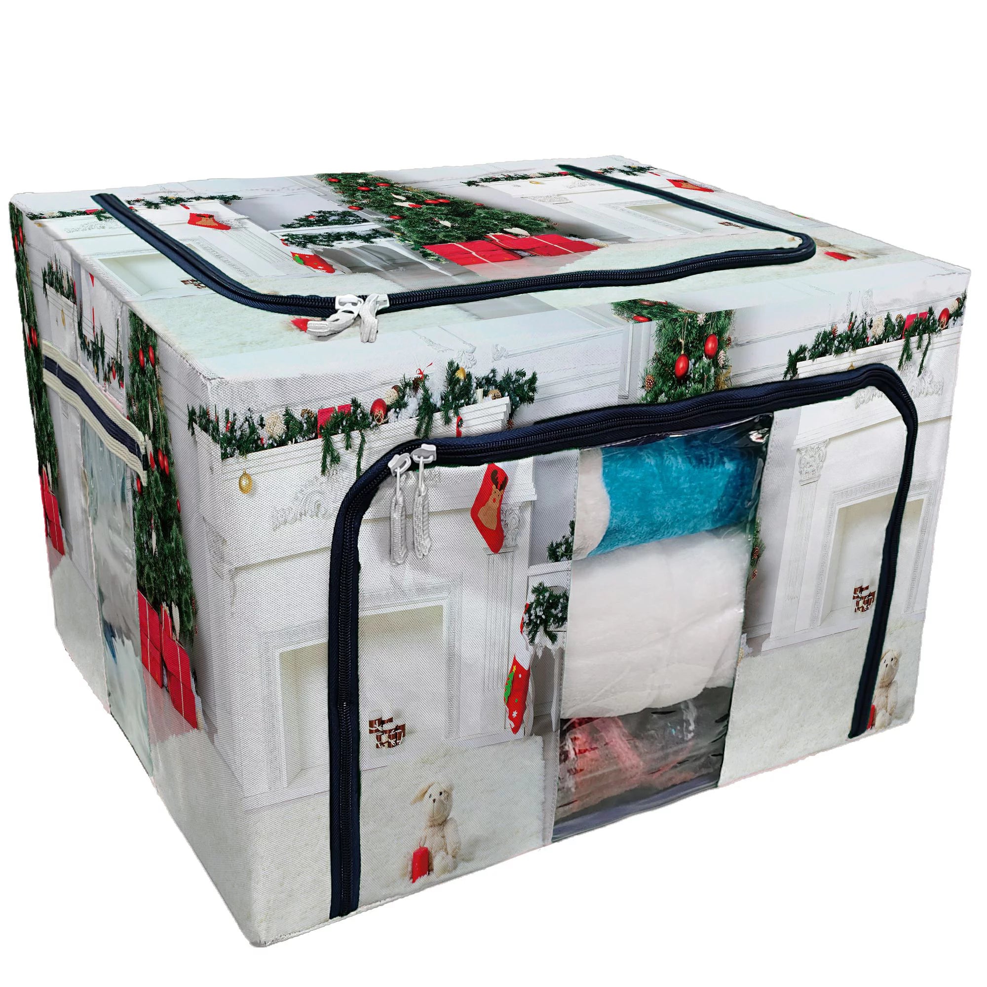 Christmas Socks Fireplace Tree Shallow Storage Bag Clear Window Storage Bins Boxes Large Capacity Foldable Stackable Organizer With Steel Metal Frame R724