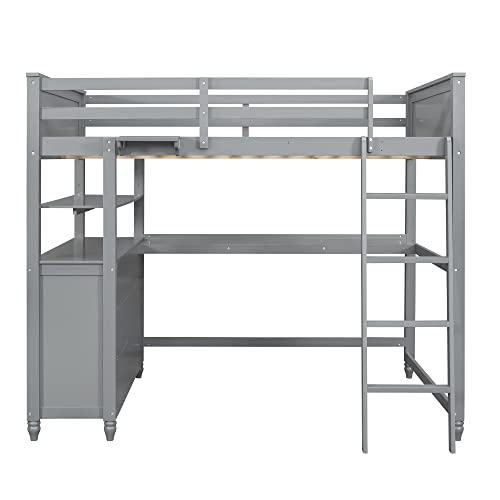 Gray Twin Loft Bed with Storage Cabinet and Desk D454795