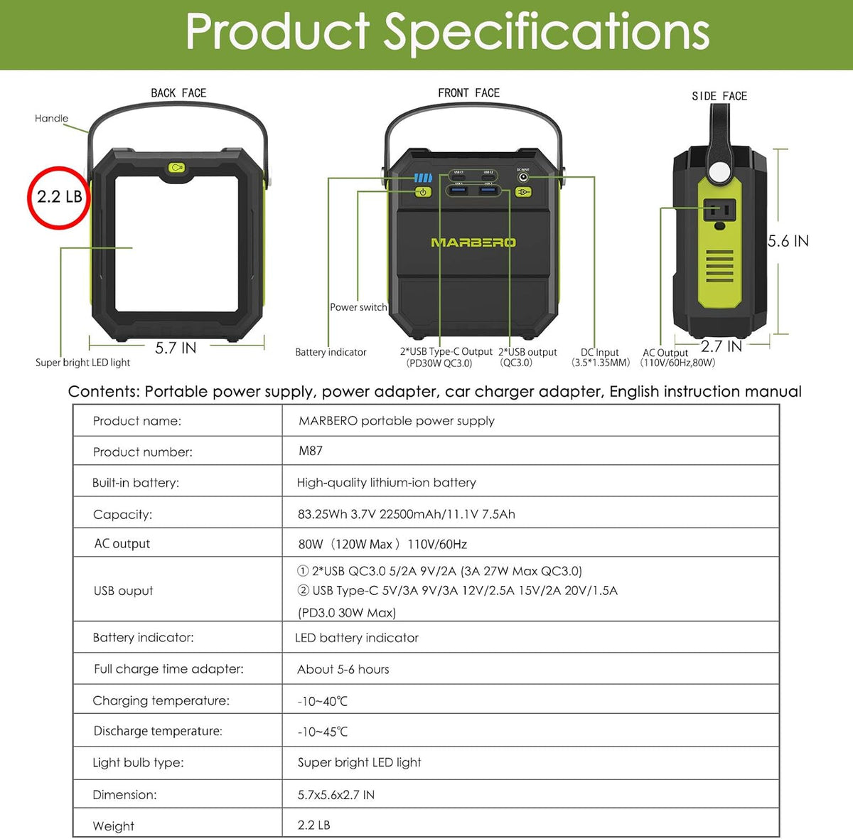 83Wh 22500mAh Portable Power Station with AC Outlet 4 USB Ports J24781
