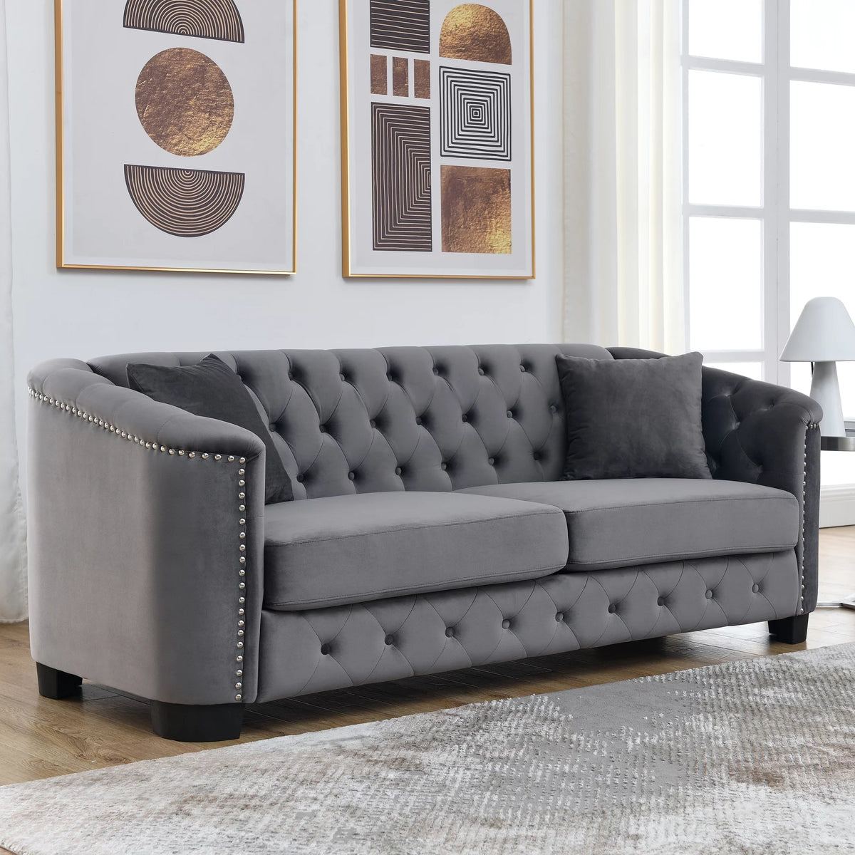 Grey Velvet 3-Seater Chesterfield Sofa F2005