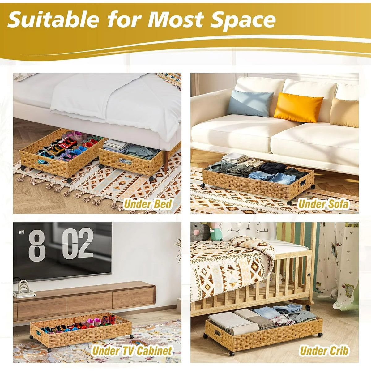2 Pack 31.5in Rolling Rattan Under Bed Storage Bins K185582