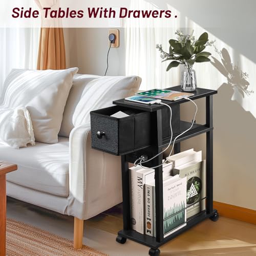 Black Narrow Side Table with Charging Station and Drawer N32982