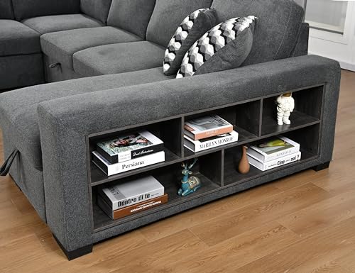 125'' U Shaped 7 Seat Sectional Sofa Couch with Cabinet, Sofa Bed with Storage Chaise and Pull-Out Couch Bed, Light Gray E1200