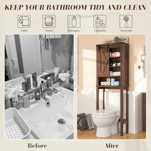 68" Tall Over The Toilet Storage Cabinet with Sliding Barn Door and Adjustable Shelves A469
