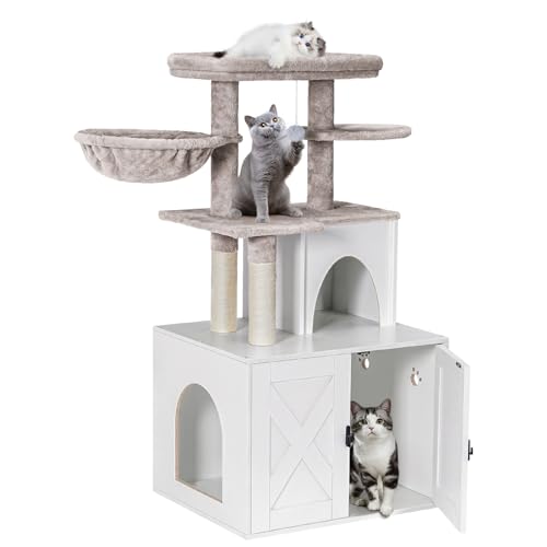 White Wooden Cat Litter Box Enclosure with Cat Tree Tower and Condo I716854