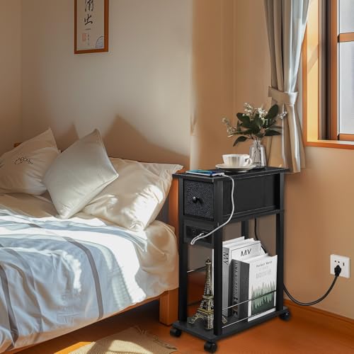 Black Narrow Side Table with Charging Station and Drawer N32982