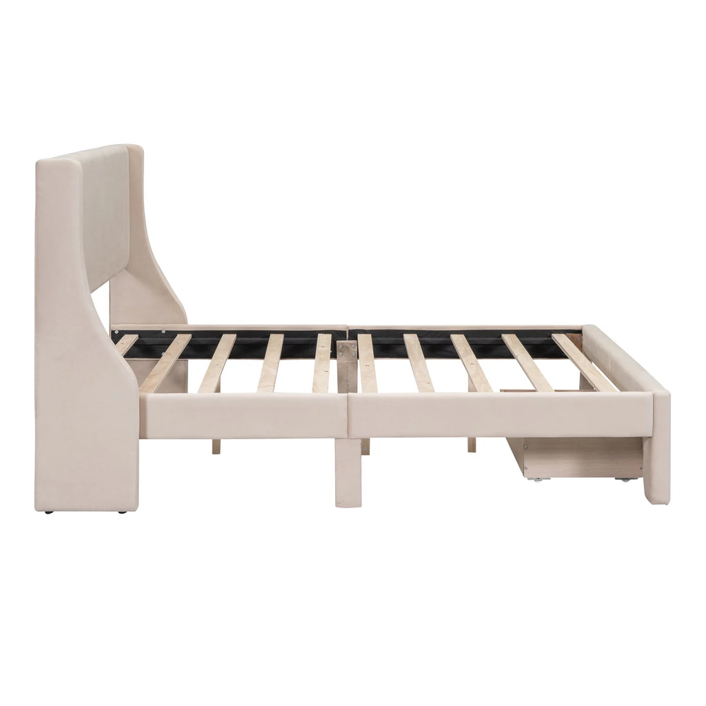 Beige Velvet Full Size Bed Frame with Storage Drawer R3638