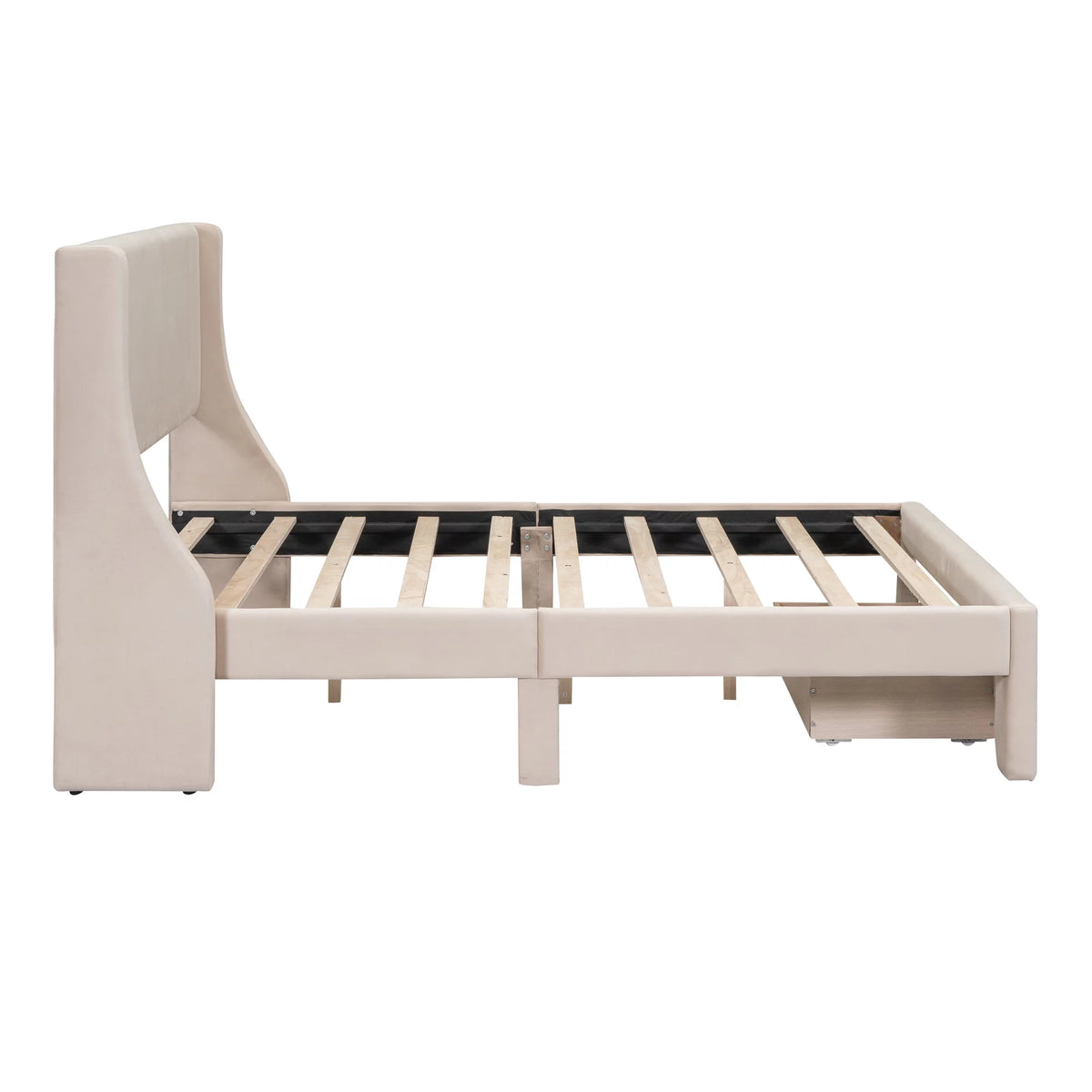 Beige Velvet Full Size Bed Frame with Storage Drawer R3638