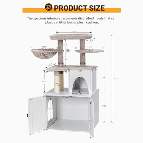 White Wooden Cat Litter Box Enclosure with Cat Tree Tower and Condo I716854