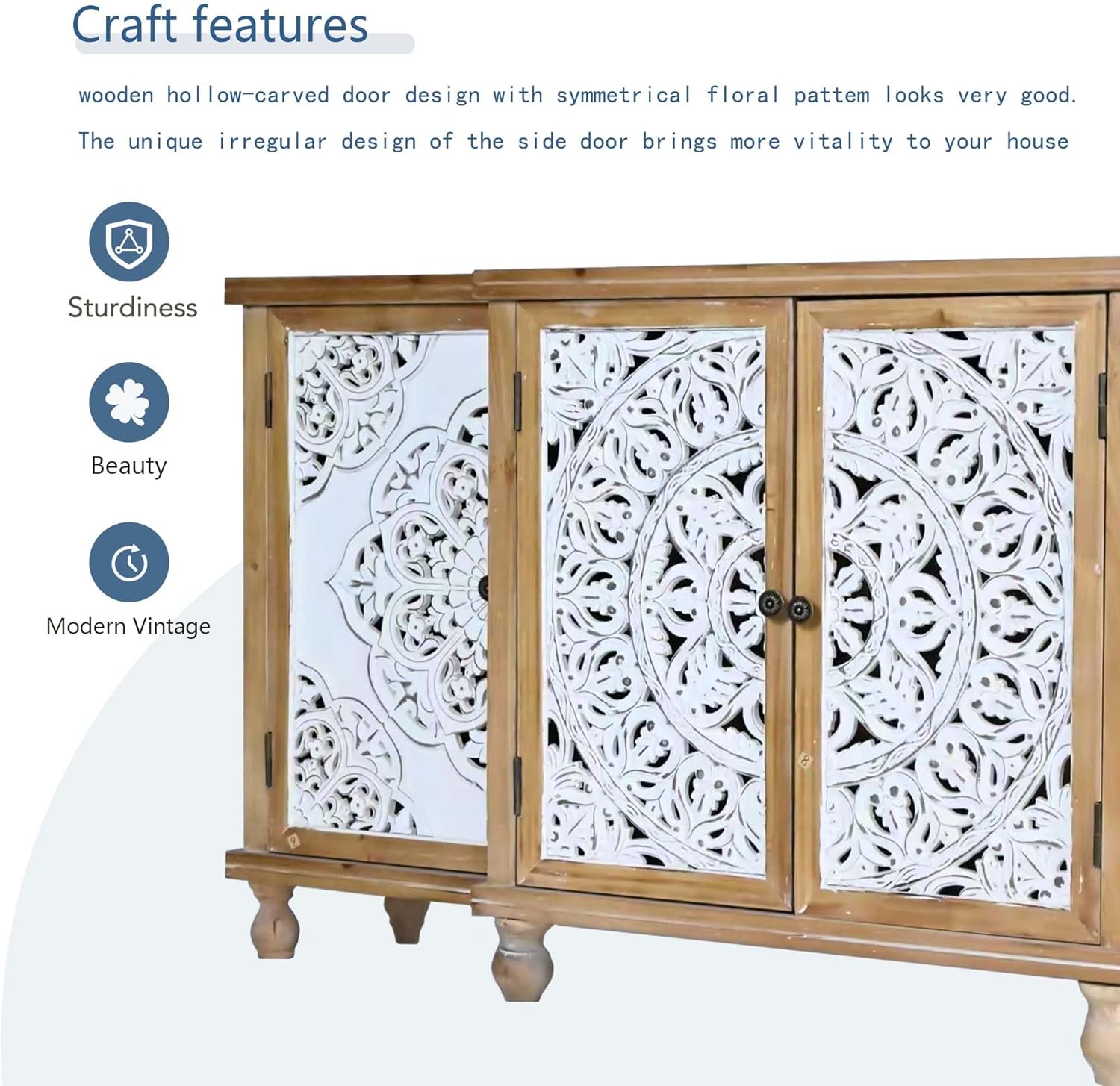 Natural Wood 4-Door Distressed Accent Cabinet with Adjustable Shelves F536827