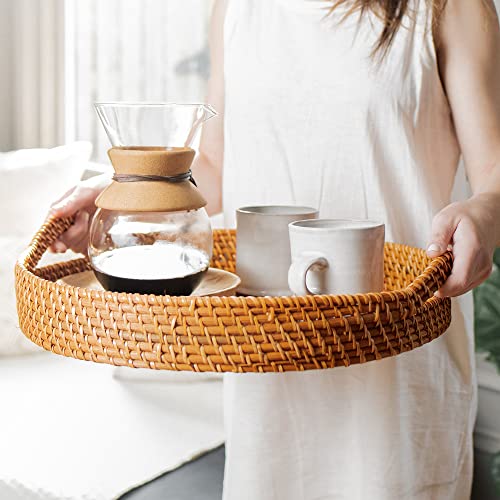 Round Wicker Rattan Tray 18 inches Hand Woven Natural Serving Tray with Handles H13058