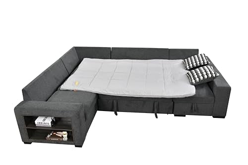 125'' U Shaped 7 Seat Sectional Sofa Couch with Cabinet, Sofa Bed with Storage Chaise and Pull-Out Couch Bed, Light Gray E1200