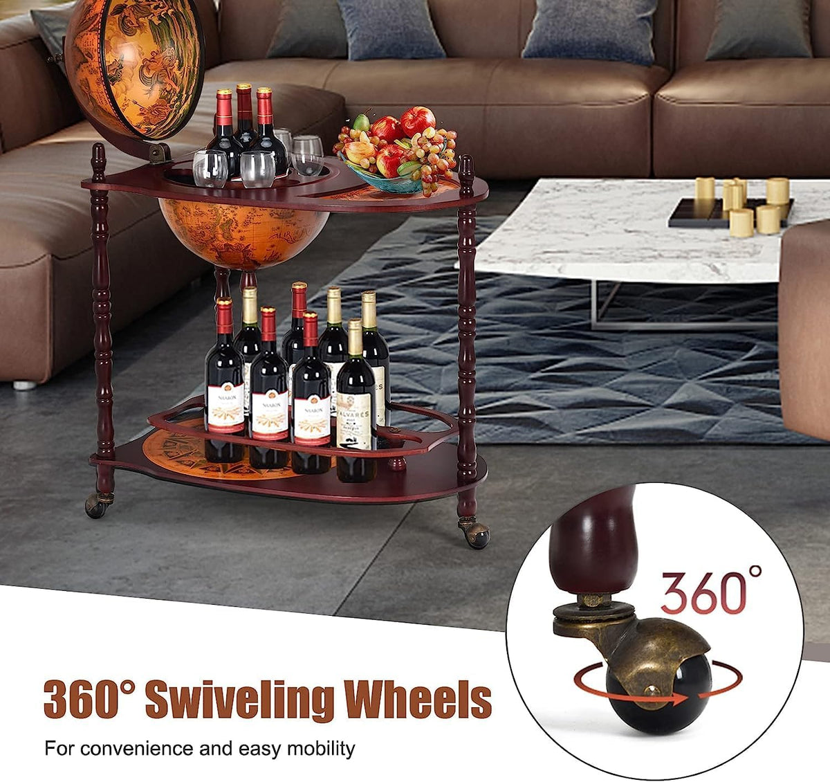 34.5’’ Wine Bar Cart with Wheels, 2 Storage Shelves, Wood Liquor Cabinet O4557