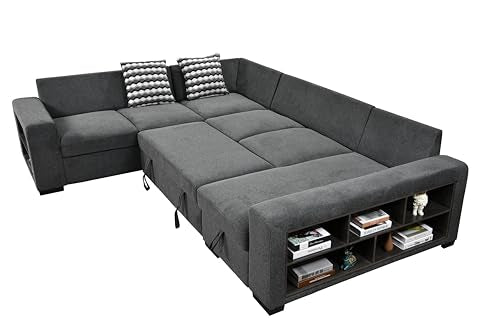 125'' U Shaped 7 Seat Sectional Sofa Couch with Cabinet, Sofa Bed with Storage Chaise and Pull-Out Couch Bed, Light Gray E1200