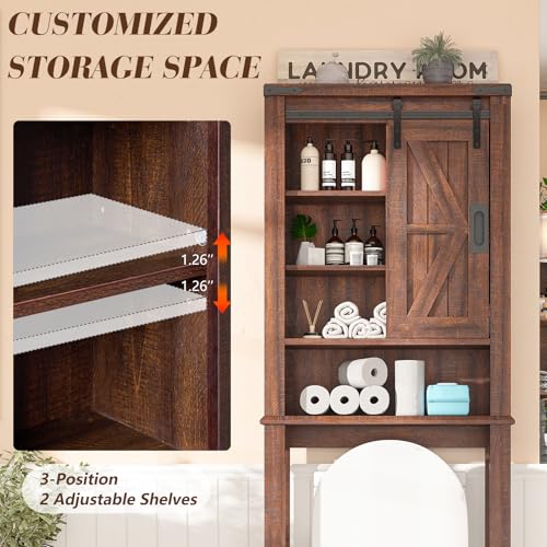 68" Tall Over The Toilet Storage Cabinet with Sliding Barn Door and Adjustable Shelves A469