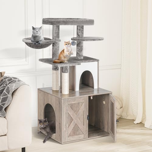 White Wooden Cat Litter Box Enclosure with Cat Tree Tower and Condo I716854