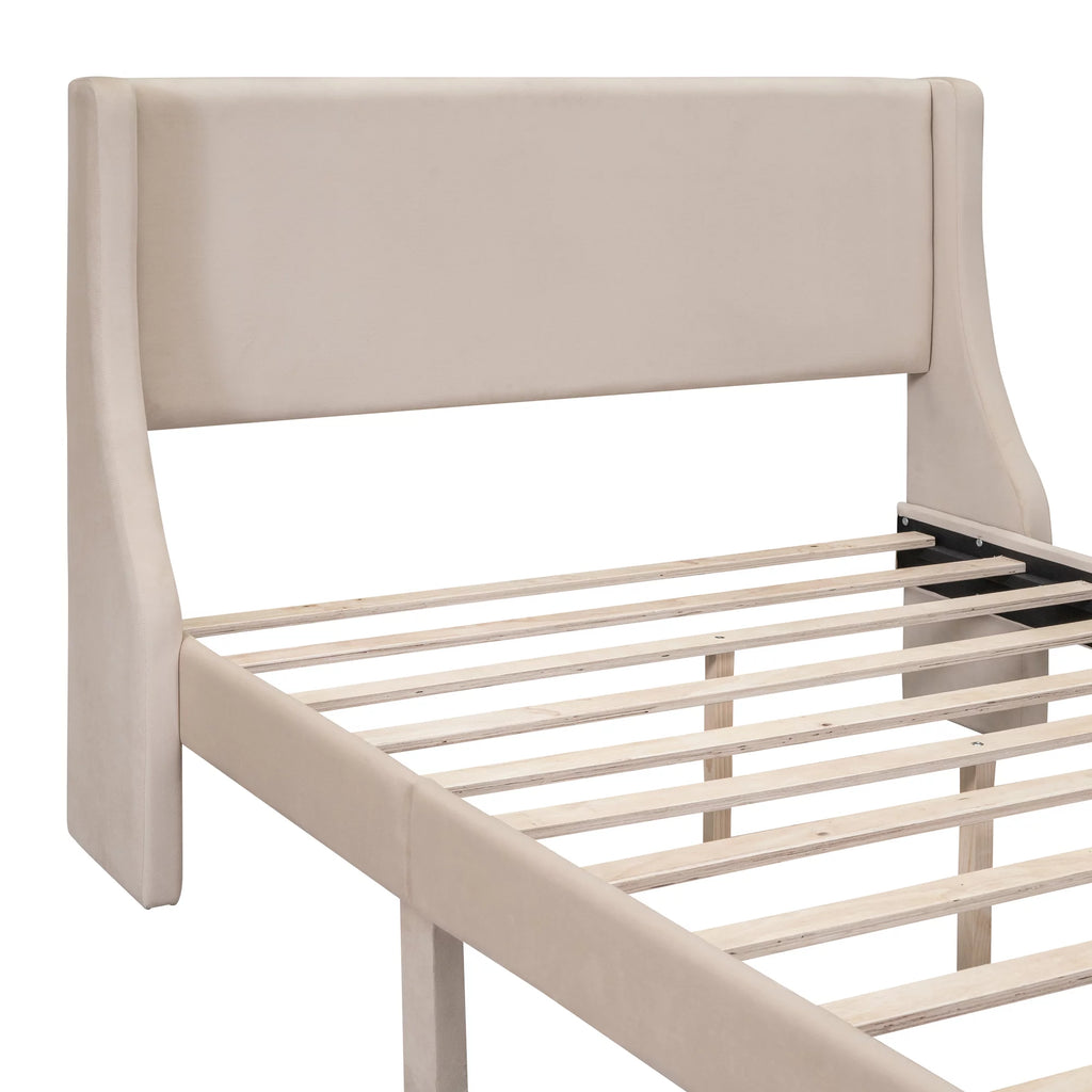 Beige Velvet Full Size Bed Frame with Storage Drawer R3638