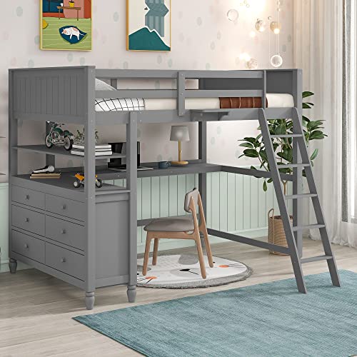 Gray Twin Loft Bed with Storage Cabinet and Desk D454795