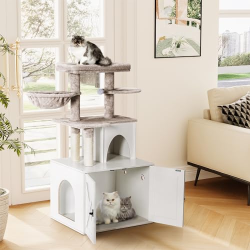 White Wooden Cat Litter Box Enclosure with Cat Tree Tower and Condo I716854