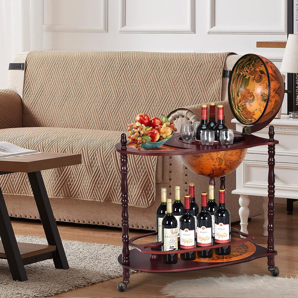 34.5’’ Wine Bar Cart with Wheels, 2 Storage Shelves, Wood Liquor Cabinet O4557