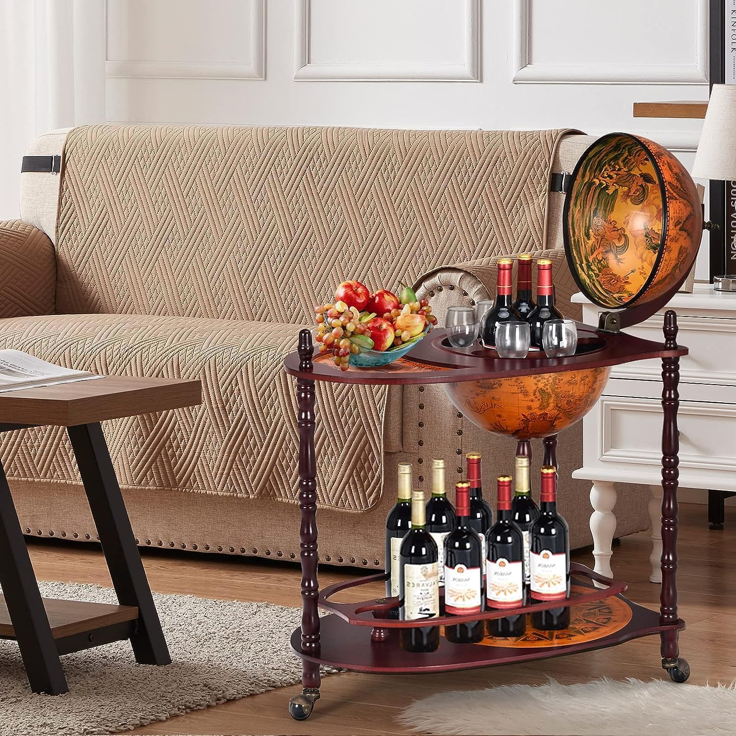 34.5’’ Wine Bar Cart with Wheels, 2 Storage Shelves, Wood Liquor Cabinet O4557