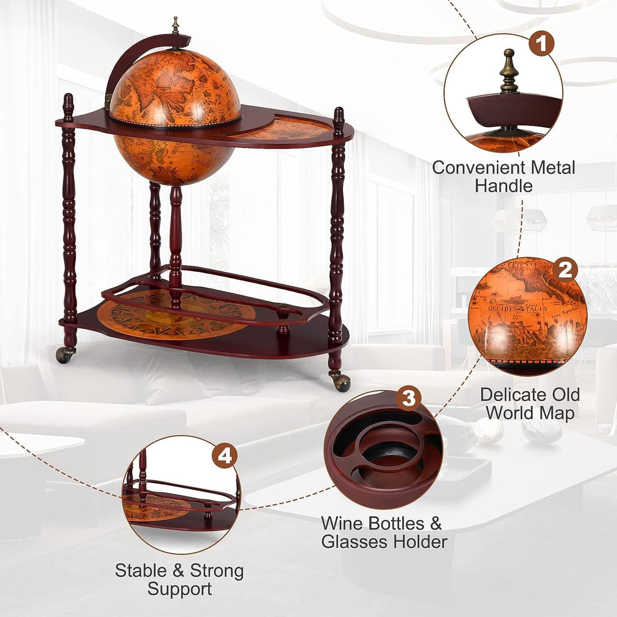 34.5’’ Wine Bar Cart with Wheels, 2 Storage Shelves, Wood Liquor Cabinet O4557