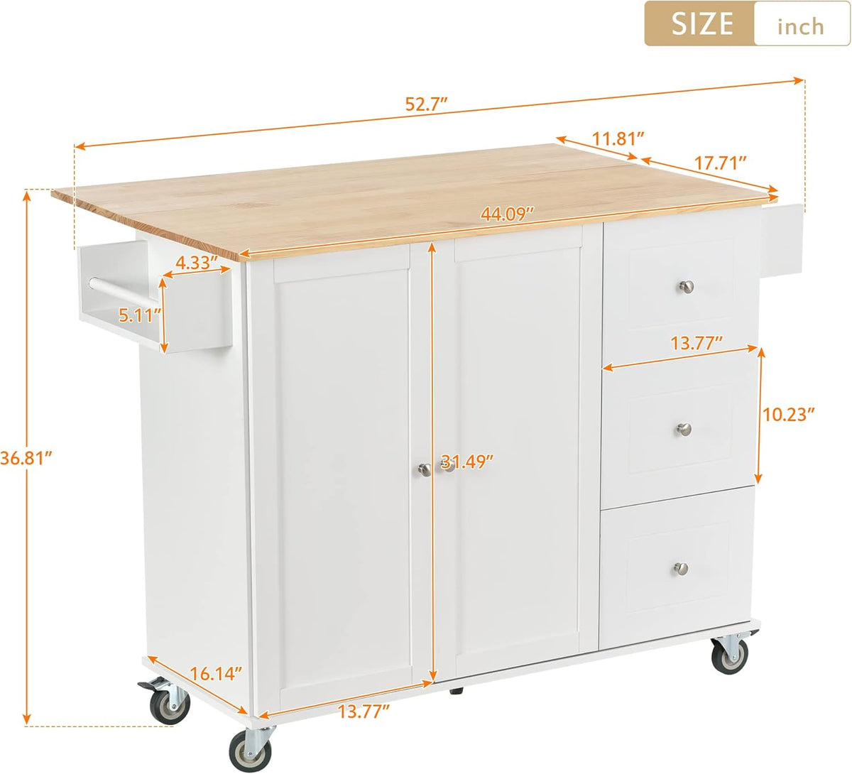 White Kitchen Island with 3 Drawers and Rolling Cart Z635452
