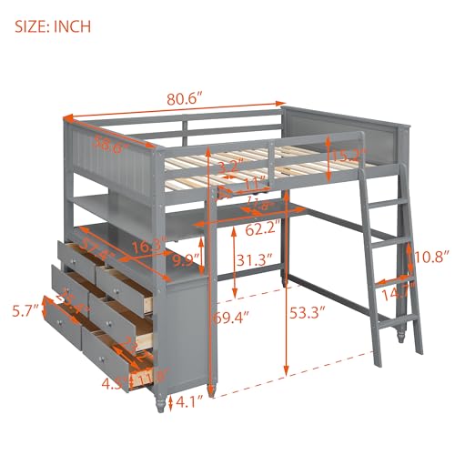 Gray Twin Loft Bed with Storage Cabinet and Desk D454795