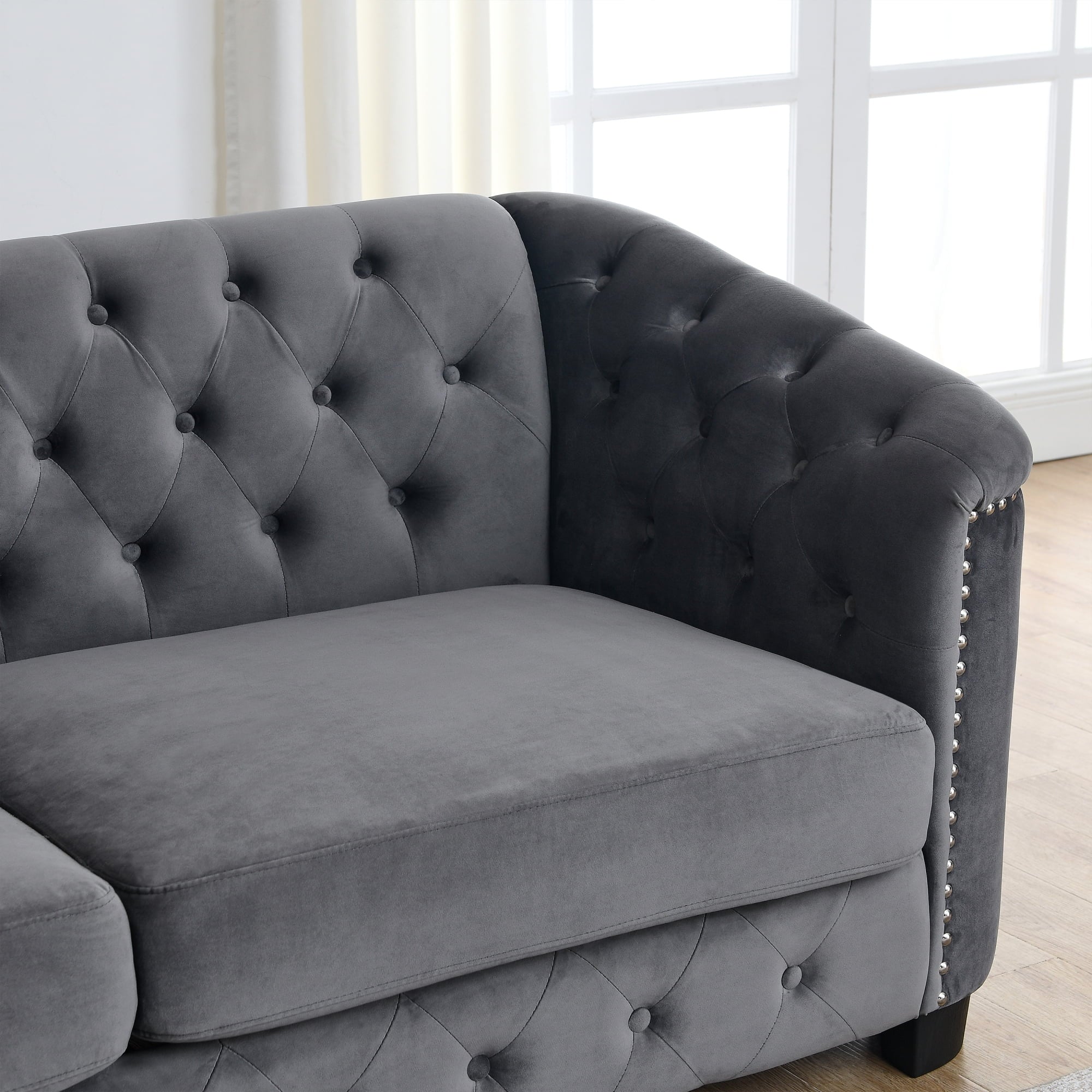 Grey Velvet 3-Seater Chesterfield Sofa F2005