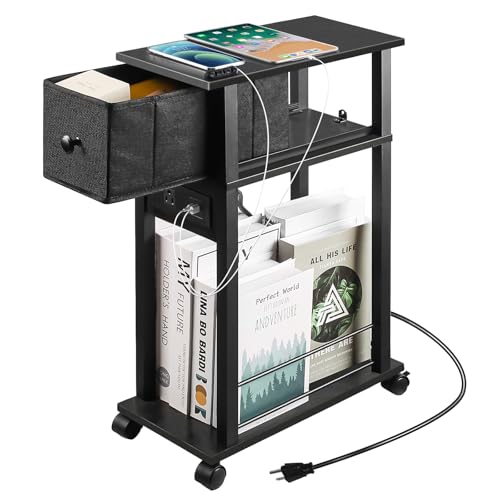 Black Narrow Side Table with Charging Station and Drawer N32982
