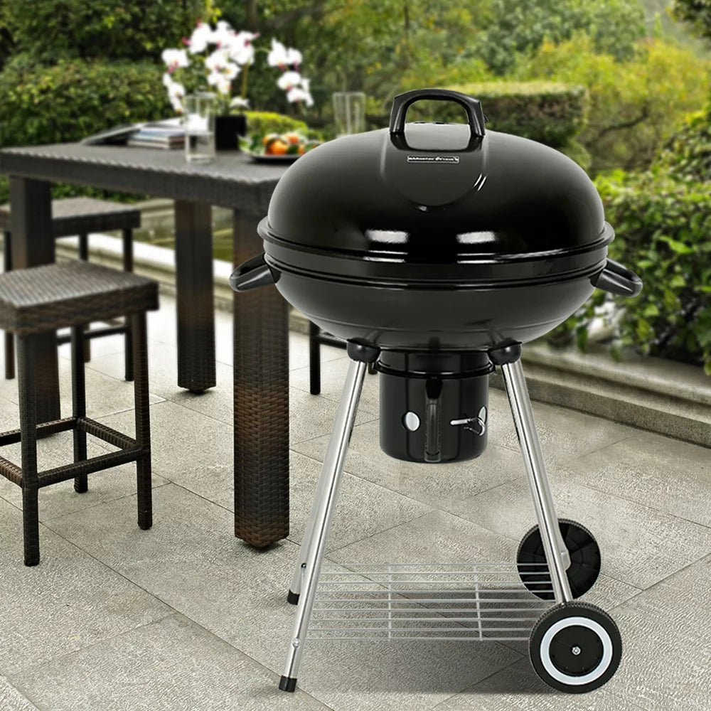 22" Round Portable Charcoal Kettle Grill With 2 Wheels, Black U175609