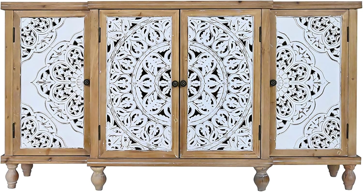 Natural Wood 4-Door Distressed Accent Cabinet with Adjustable Shelves F536827