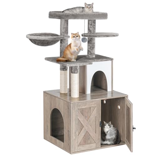 White Wooden Cat Litter Box Enclosure with Cat Tree Tower and Condo I716854